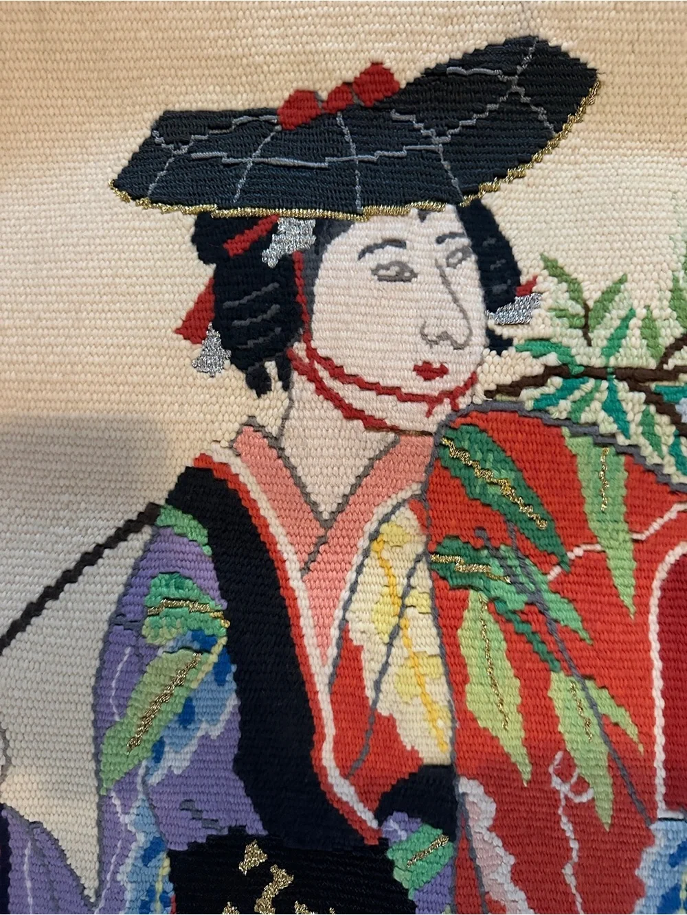 Vintage Style Geisha Wall Tapestry in Purple and Red